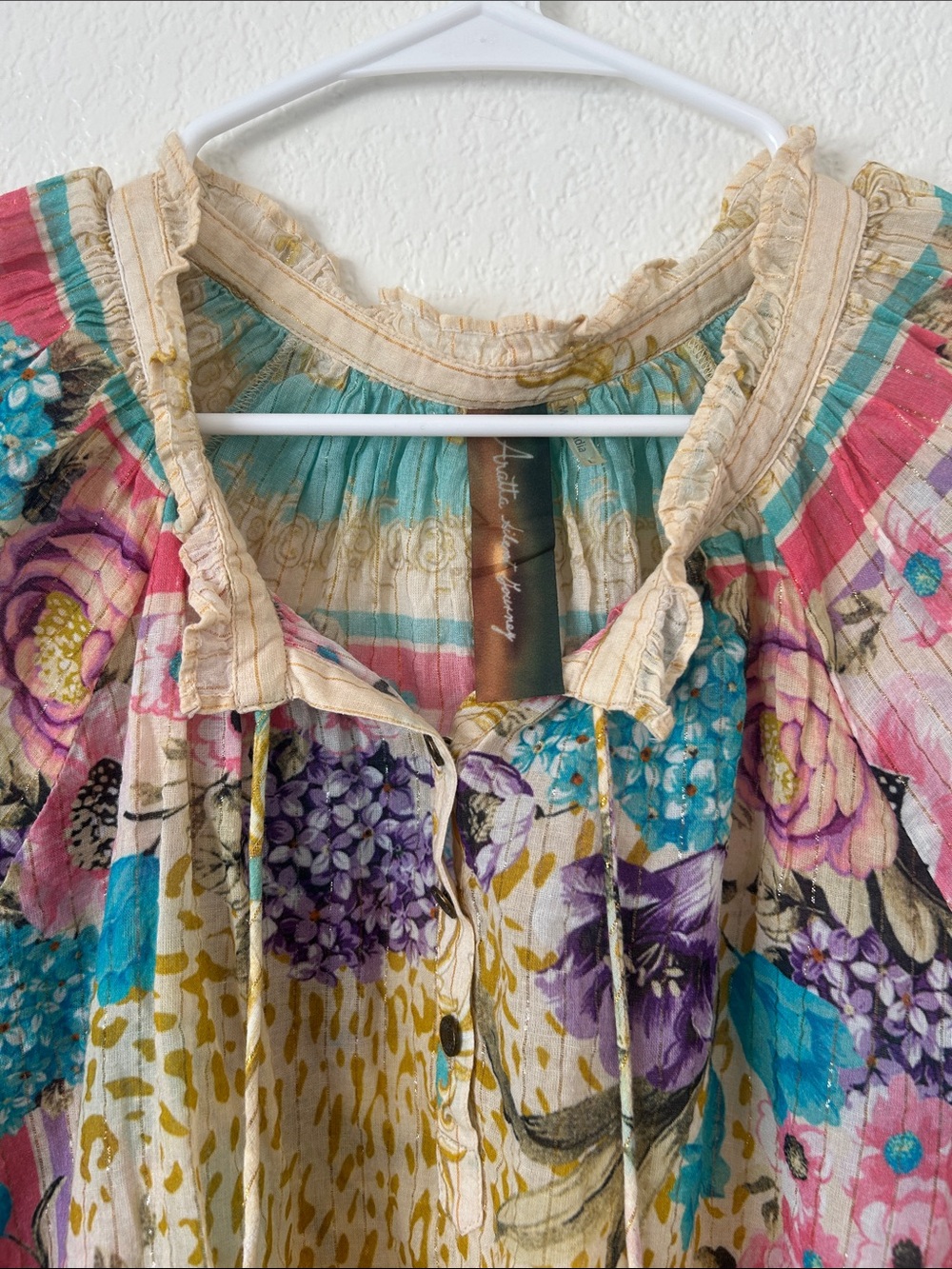 Boho Floral Patchwork Peasant Blouse in Teal, Yellow & Pink - Picture 3 of 11